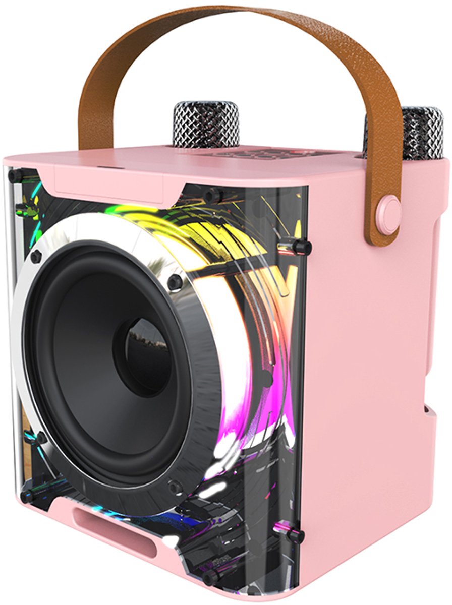 CrystalBeam Karaoke Speaker met 2 Draadloze Microfoons – Bluetooth 5.3 – RGB Verlichting – Roze – 829