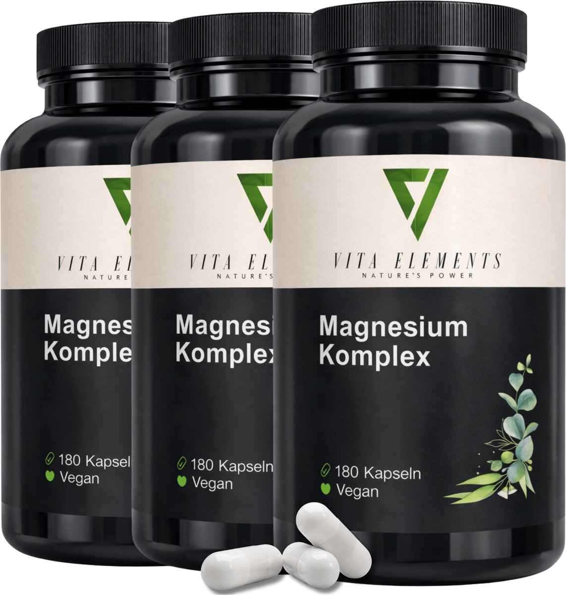 Vita Elements Magnesium Complex Capsules - 5 Vormen Magnesium - Ondersteunt Energiestofwisseling en Vermindert Vermoeidheid - 180 Capsules - Vegan - Set van 3