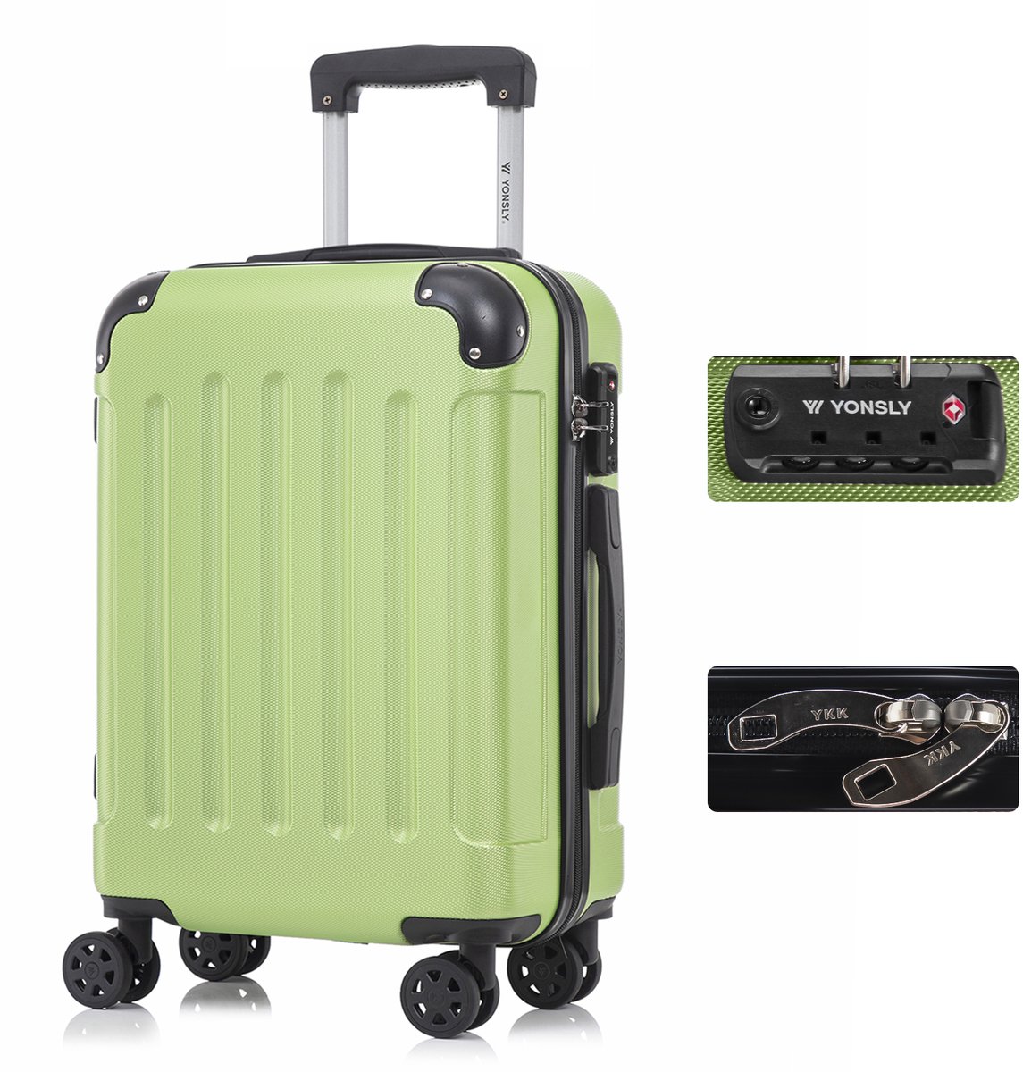 YONSLY Handbagage Koffer - 55cm - 40 L - TSA Slot - YKK Rits - 360° Draaibare Wielen - Fruitgroen