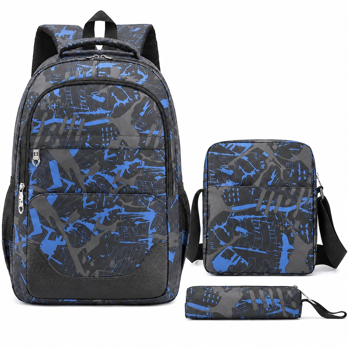 Schoolrugzak Set voor Kinderen - Grote Waterdichte Jeugdrugzak met Etui en Schoudertas - Ergonomische Scholierentas voor Middelbare School en Reizen - Blauw