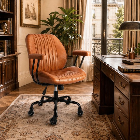 Bruine PU-leren bureaustoel met ribbels, een metalen onderstel met wielen, in een kantoorinterieur.
