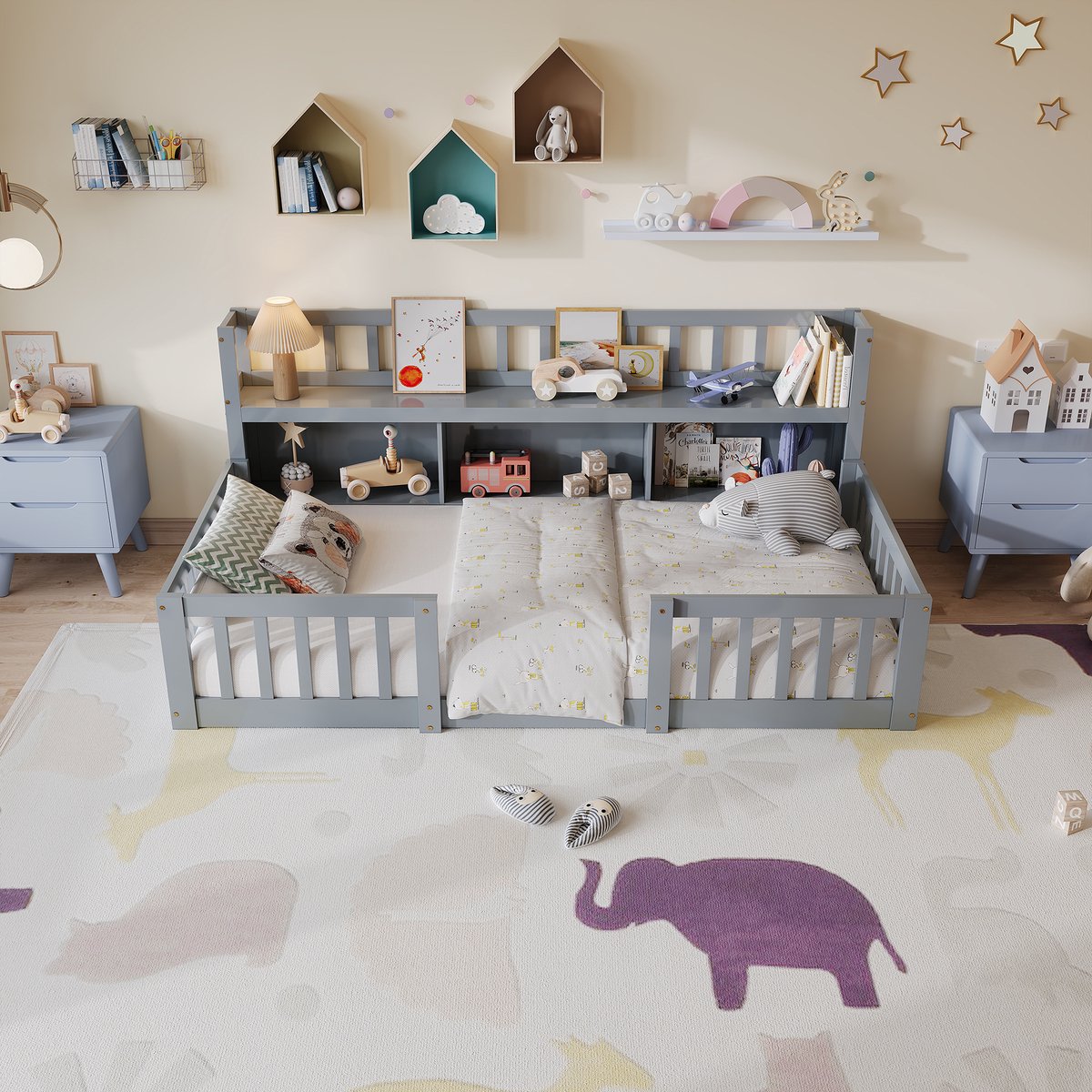 Vloerbed 90x200 cm met boekenplank, kinderbed 90x200 met veiligheidsrail en lattenbodem, Montessori vloerbedframe van massief grenenhout, Eenpersoonsbed, Grijs