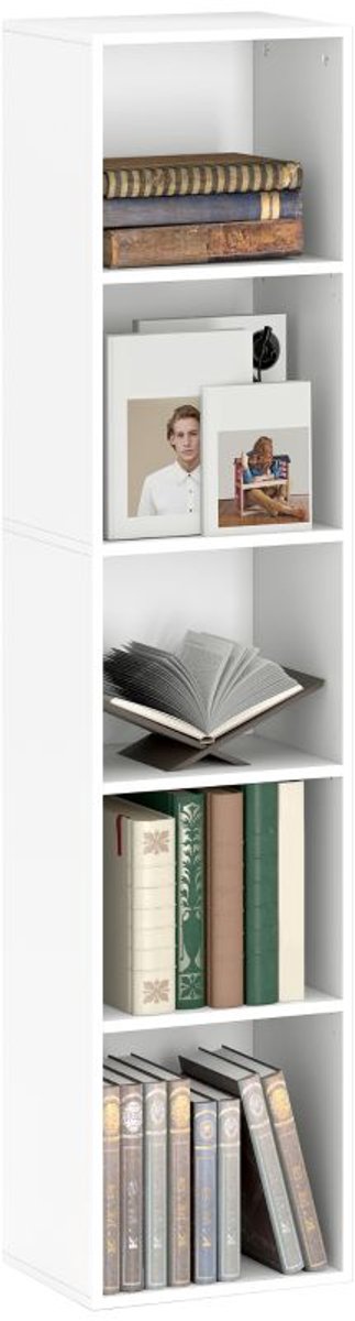 Boekenkast 5 Lagen 30x24x133,5cm Wit Spaanplaat Verstelbare Legplanken Anti-Kiep 40kg voor Woonkamer Slaapkamer Studie