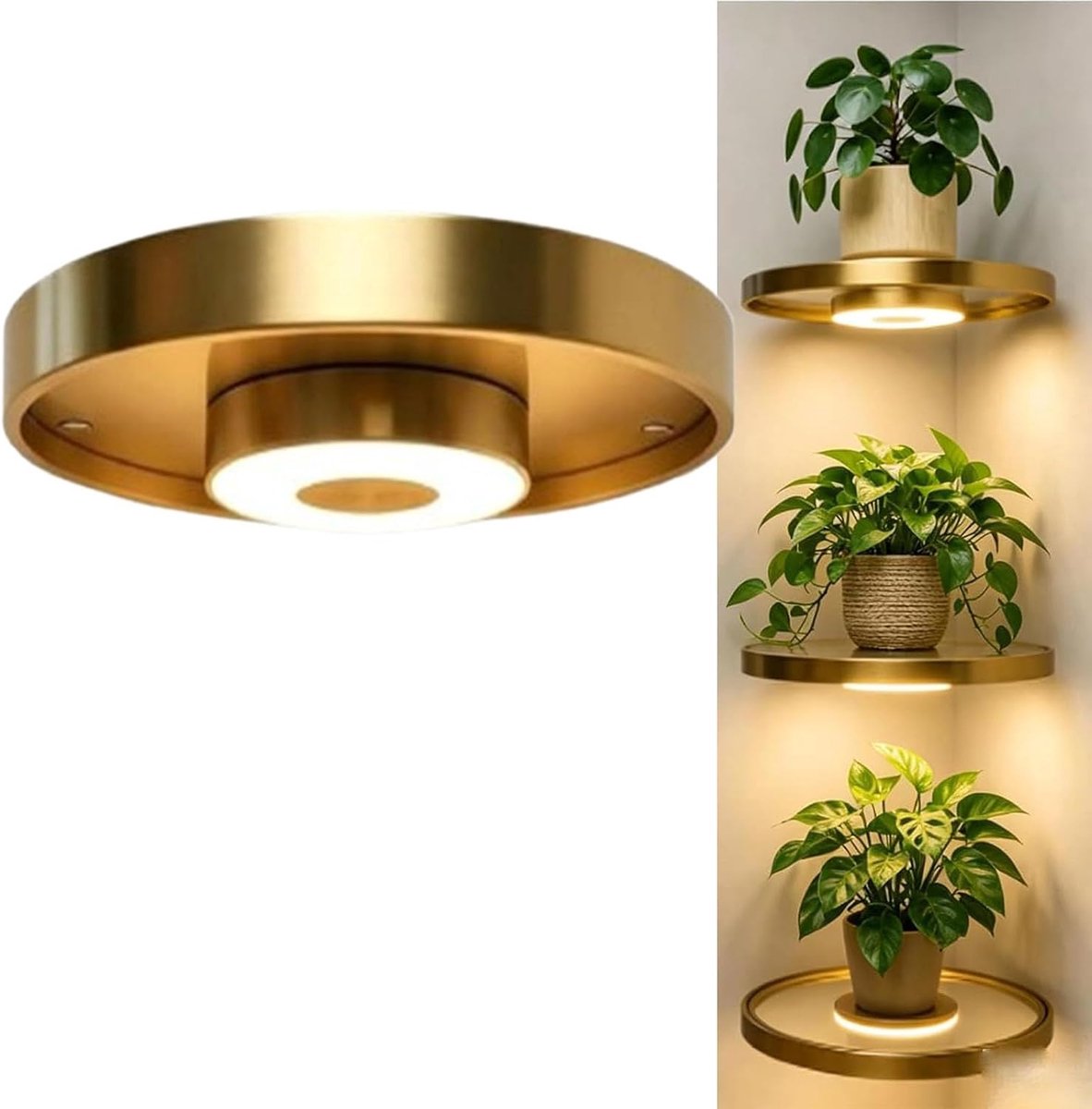 KZQ Goudkleurige zwevende wandplanken met ledverlichting en verborgen beugels – ruimtebesparende decoratieve elementen die tevens sfeerverlichting bieden (1 stuks)