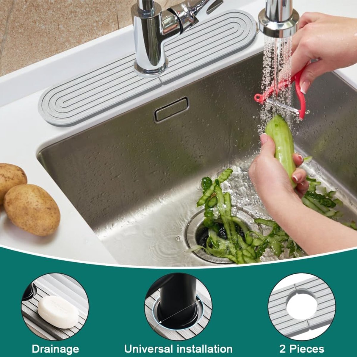 SnelShoppen - Afvoermat diatomiet keukenkraanmat met anti-slip strepen, waterabsorberend, slijtvast, voor keuken, badkamer, en meer