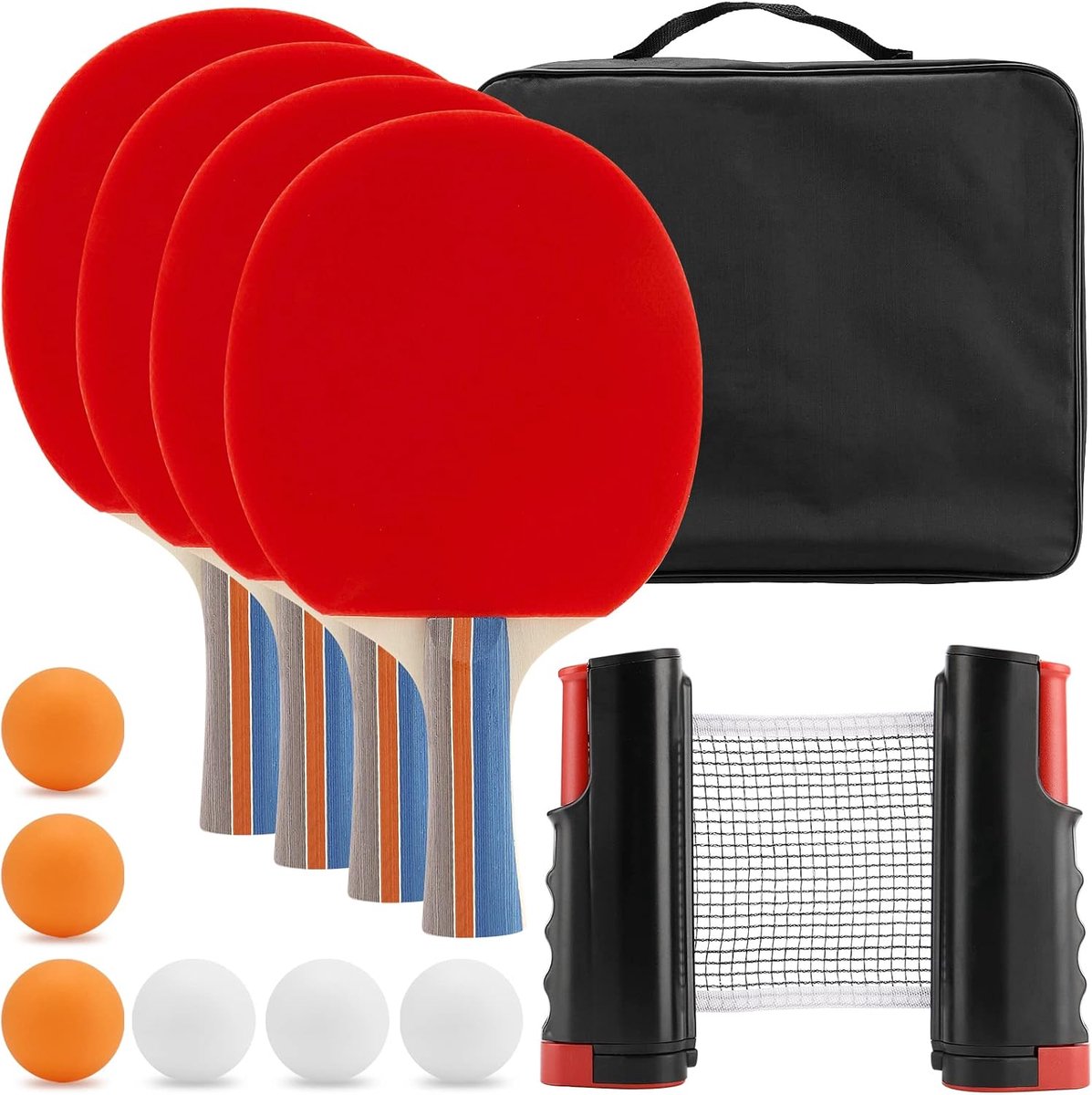 SnelShoppen - Professionele Tafeltennis Set met 4 Batjes en 6 Ballen, Inclusief 175cm Uittrekbaar Net en Draagtas voor Thuis, Buiten, Feesten en Kinde