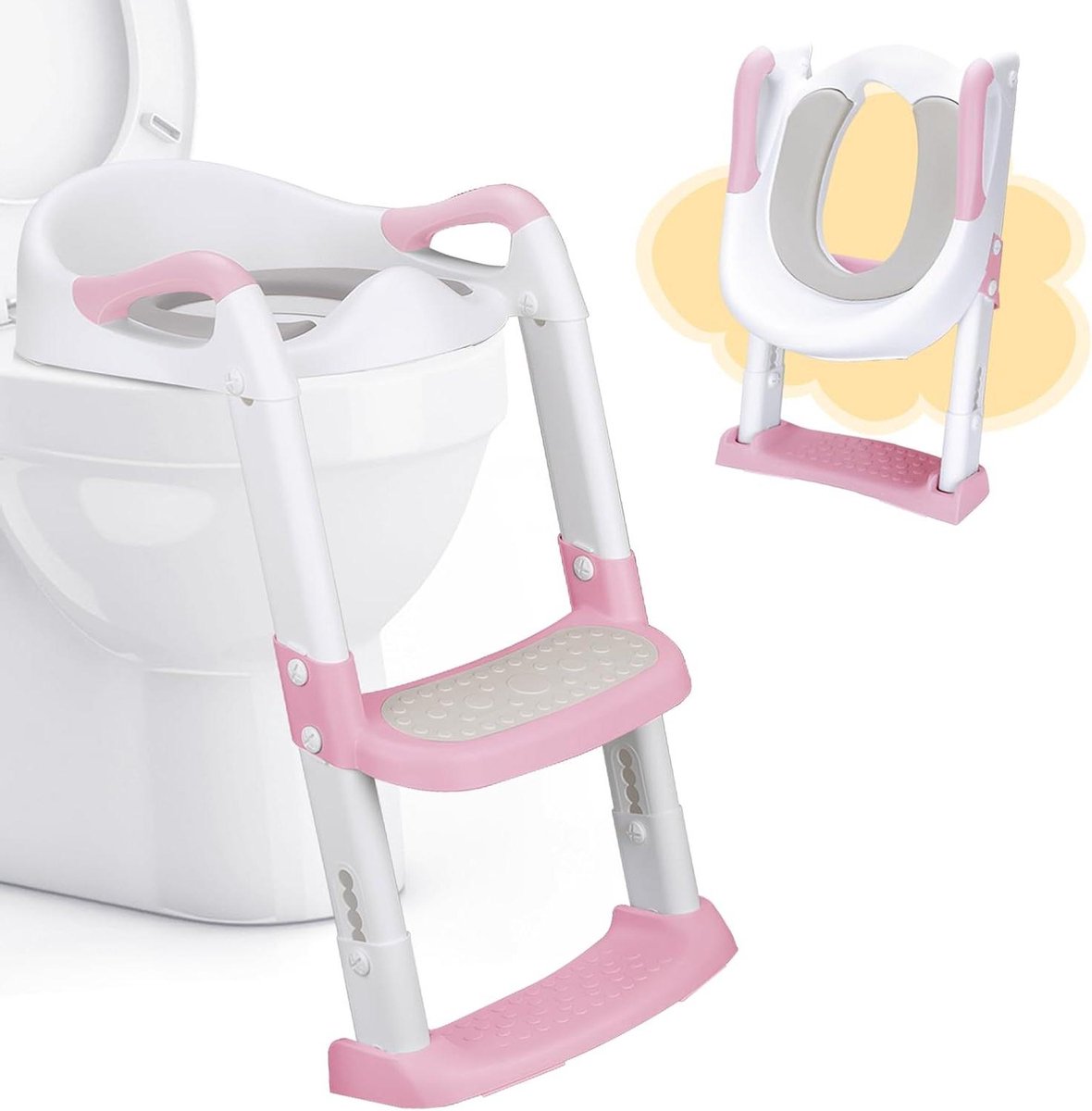 Kinder Toiletbril - Zindelijkheidstrainer - Zelfstandig naar toilet - Opvouwbaar met ladder - Verstelbaar 38-47cm - Roze