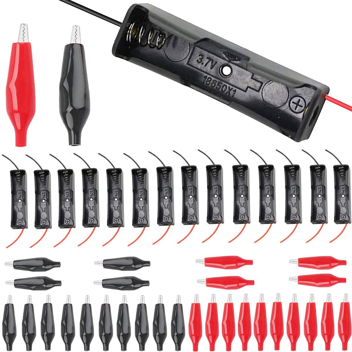 SnelShoppen - 10 Stuks 3.7V 18650 Batterijhouder AA Batterijhouder met Draad voor DIY Projecten - Kunststof Batterijhouder met 20 Crocodile Clips Rood