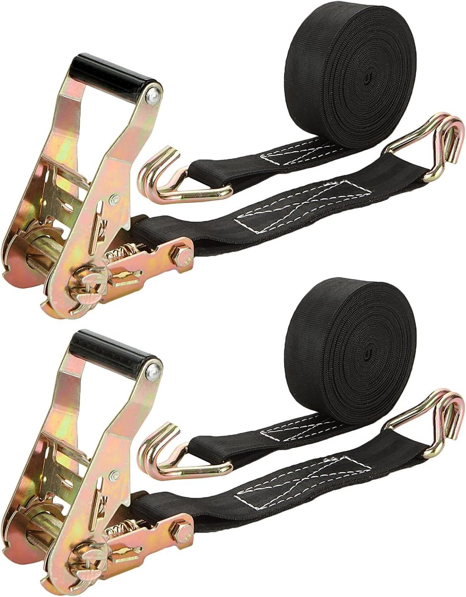 SnelShoppen - 2 Stuks 6M Zware Ratchet Straps 2000kg Breeksterkte Met Haken Zwarte Vastbindriemen Voor Vracht, Trucks, Motorfiets, Aanhanger