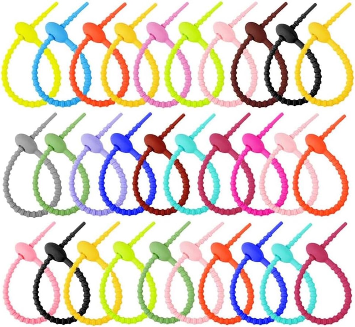 SnelShoppen - 30 Stuks Kleurrijke Siliconen Kabelbinders - Flexibele Touwtjes met Tas Sluiting - Diverse Kleuren voor Thuis, Tuin, Camping, Keuken en