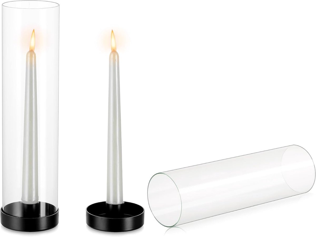 SnelShoppen - 2x Hurricane Kaarsenhouder Zwart 30cm Hoog - Glazen Metalen Kaarsenstandaard voor Taper Kaarsen - Feest, Bruiloft, Tafel Decoratie