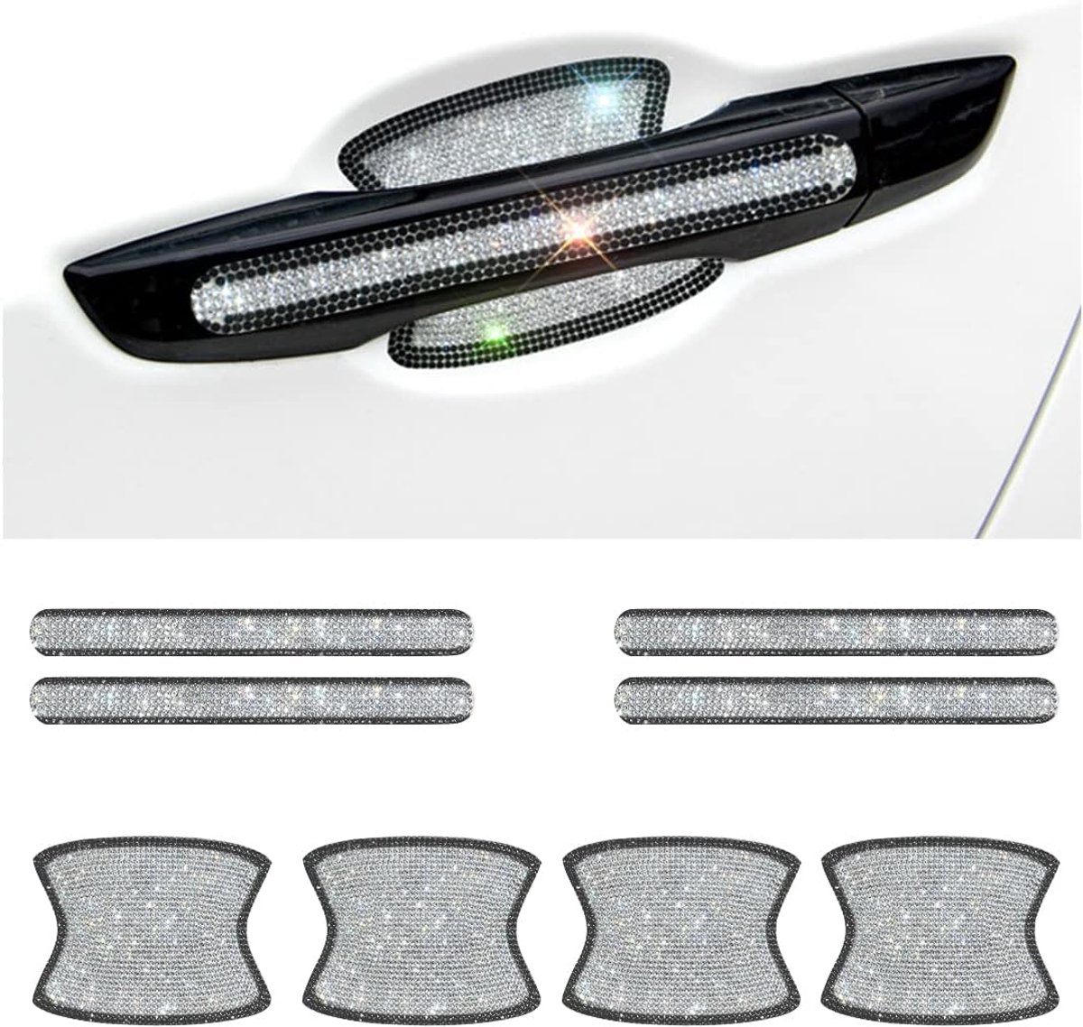 SnelShoppen - 8 Stuks Zelfklevende Auto Deurgreep Bling Rhinestone Glans Krasbestendig Universeel voor Alle Auto's (Zwart Wit)