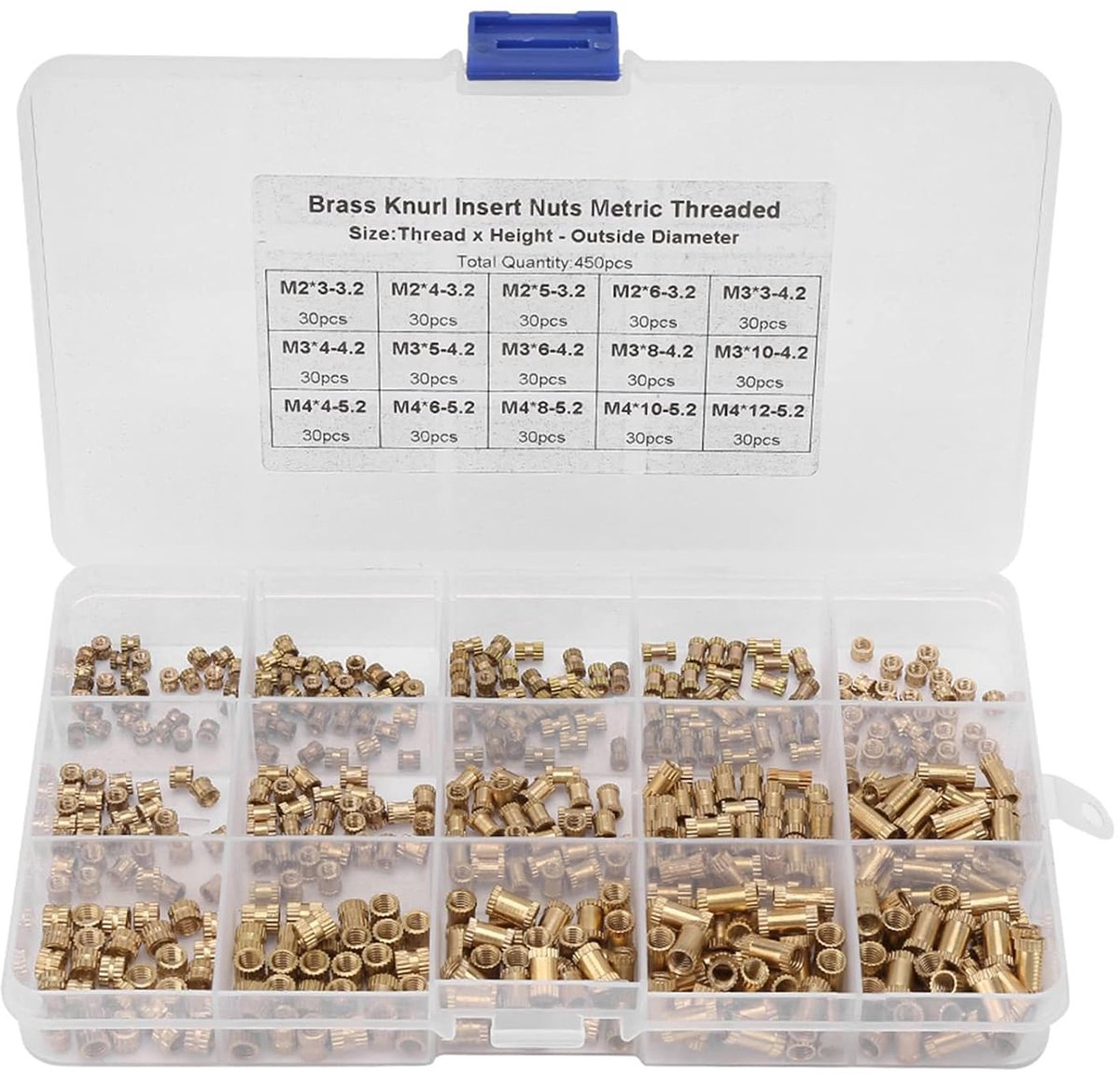 SnelShoppen - Mortise Moeren Set 450 Stuks M2/M3/M4 Knurling Moeren Messing Ingebouwde Bevestigingsaccessoires voor Industrie, Handwerk en Doe-Het-Zel