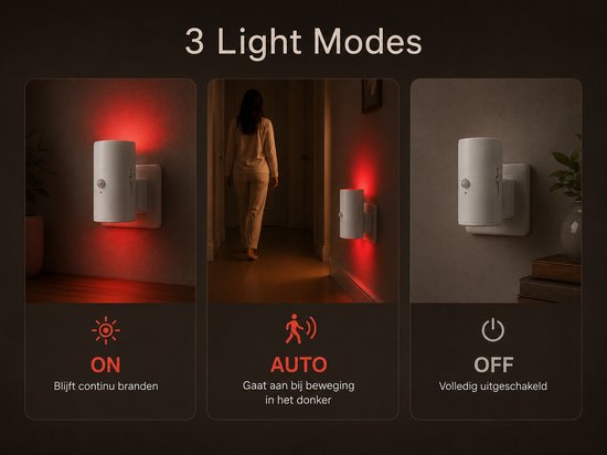 NIDRA® Rood Nachtlampje met Bewegingssensor voor het Stopcontact - Dimbare Stekkerlamp met Rood Licht - Auto/On/Off van Nidra — afbeelding 5