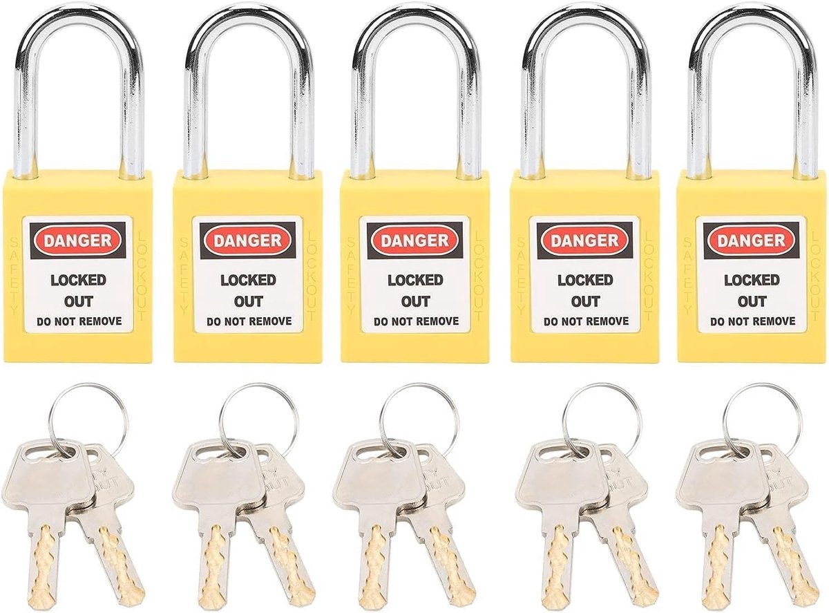 SnelShoppen - 5 Lockout Tagout Slotjes, Veiligheidspadlocks voor Elektra, Verschillende Sleutels, Technisch Plastic Nylon, Geel, Ideaal voor Lockout T