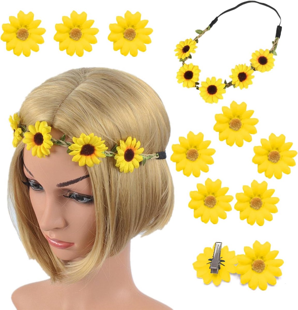 Haarband met bloemen en 10 haarspelden - zonnebloem - vrolijke accessoires voor meisjes en vrouwen - ShopVlot