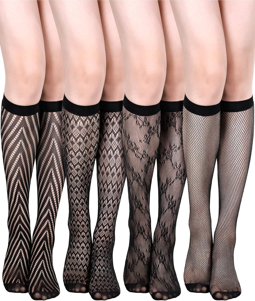 SnelShoppen - 4 Paar Vrouwen Visnet Knie Hoge Kousen Kant Hollow-out Dames Kalf Sokken Ankle Transparante Sokken Zwart voor Feest en Casual