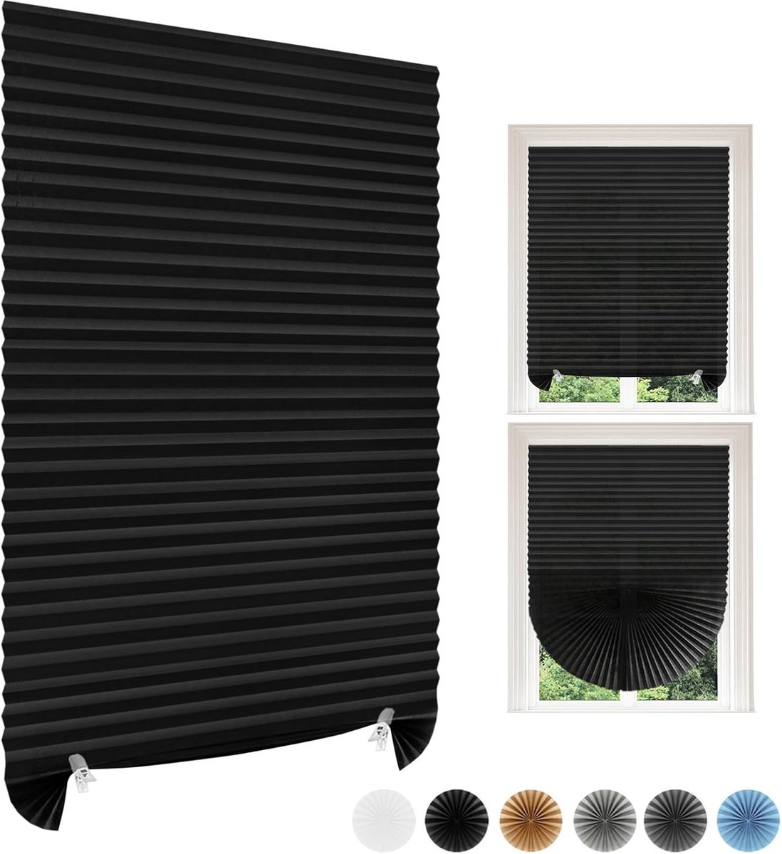 KZQ 2-stuks zelfklevende plissé gordijnen 60x150 cm - Verduisterend en op maat te knippen - Zonder boren - Geschikt voor slaapkamer en badkamer - Zwart
