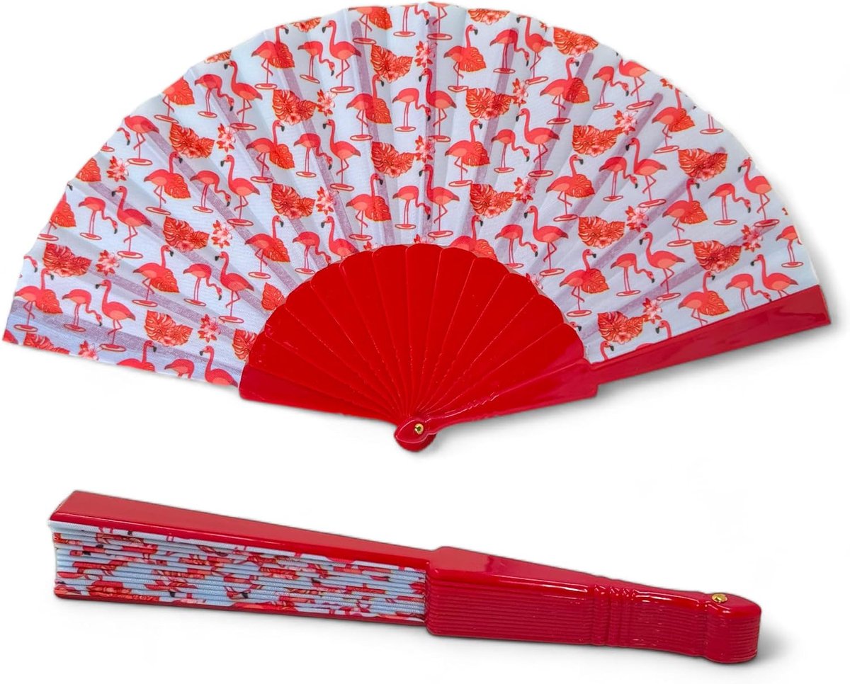 SnelShoppen - Vouwbare Handventilator Ultra Licht Waterdicht voor Zomerfeesten en Bruiloften Kleurrijk Ontwerp 42 x 23 cm Flamingo Rood