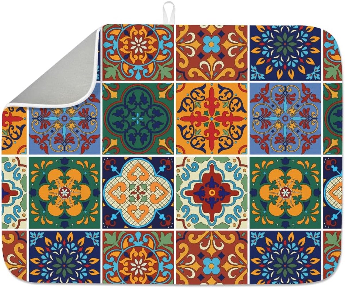 SnelShoppen - Mexicaanse Keramische Tegels Afwasmat voor Aanrecht 45 x 50cm Mandala Tegels Waterabsorberend Sneldrogend Hittebestendig Koffiebar Mat v