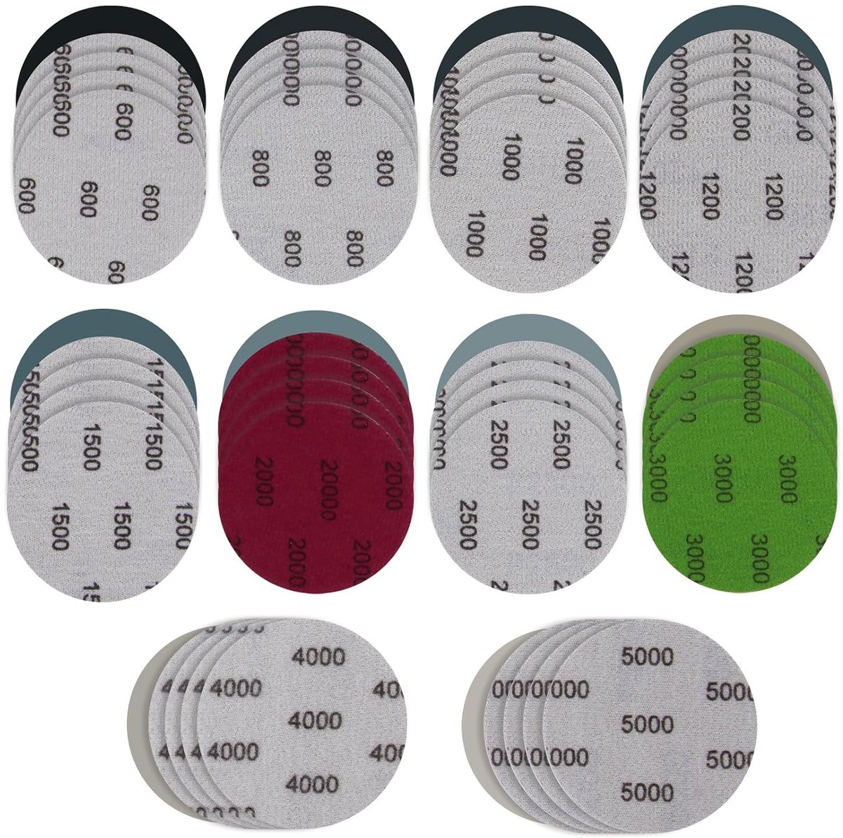 SnelShoppen - Pack van 50 Schuurpapier Schuurpads Schuurvellen Nat Droog 75mm Schuurdiscs Rond Korrelgrootte 600-5000 Polijsten voor Metaal, Hout, Klu