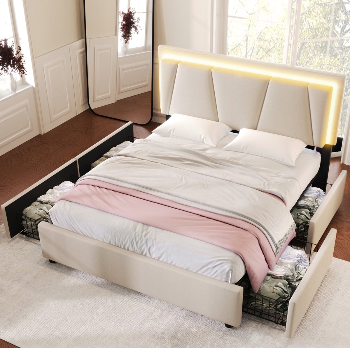 REDOM - Gestoffeerd bed met LED-verlichting en 4 lades - verstelbaar hoofdeinde - bed met opbergruimte - moderne stijl - slaapkamer - stof/metaal/hout - beige - 160 x 200 cm