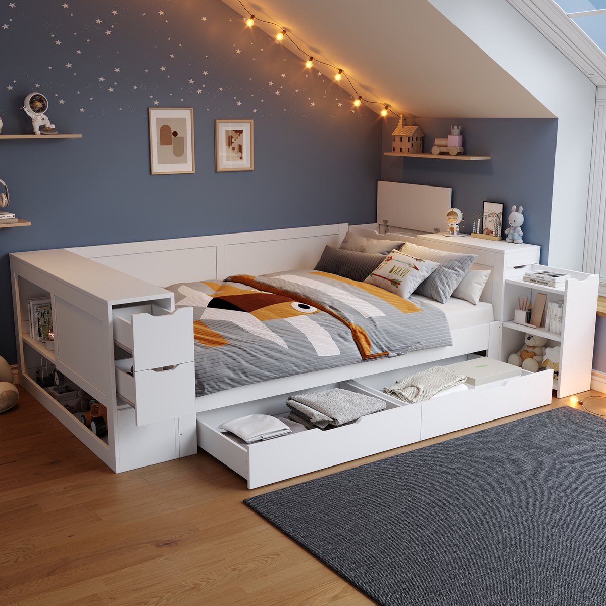 REDOM - Bed - Stauraumbed met lade en opbergruimte - Lattenbodem - Zonder matras - Kinderkamer en tienerkamer - MDF - Wit - 140 x 200 cm