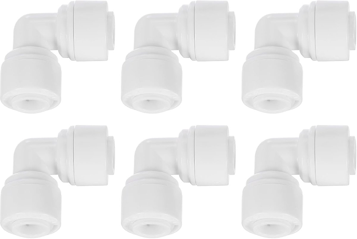 SnelShoppen - 6 Stuks Push Couplings 1/4 Inch OD x 1/4 Inch OD Voor Lucht Slang, Snelle Koppeling Plastic 90 Graden Hoek, Water Systeem RO, Wit