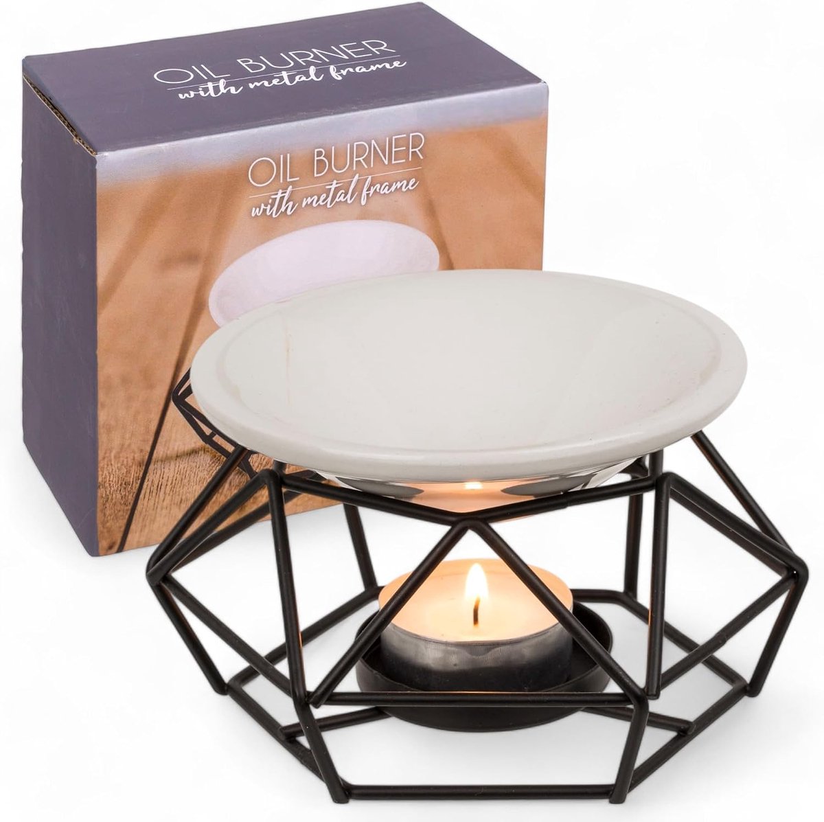 SnelShoppen - Fragrance Lamp Geurlamp voor Essentiële Olie, Aromatherapie Diffuser met Keramische Kom en Metalen Frame, Theelichthouder, Modern Indust