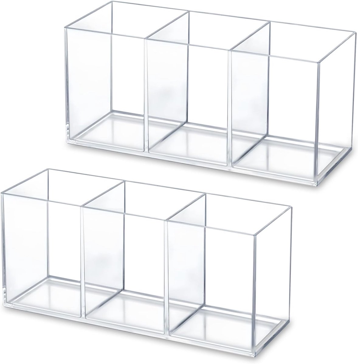 SnelShoppen - 2 Pack Transparante Make-up Borstels Houder, 3 Compartimenten Pennen Organizer, Acryl Bestekhouder voor Opslag Bureau Vanity Potlood Keu