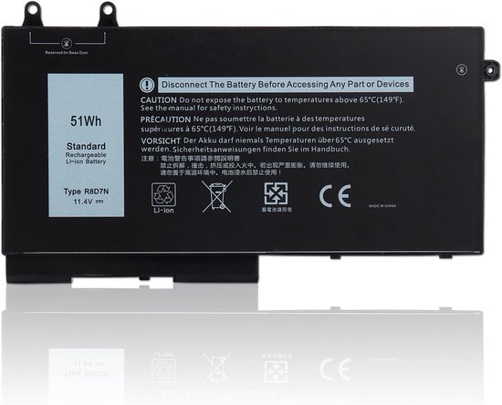 Zwarte Li-ion batterij, met de tekst "Standard Rechargeable Li-ion Battery 51Wh 11.4V Type R8D7N".