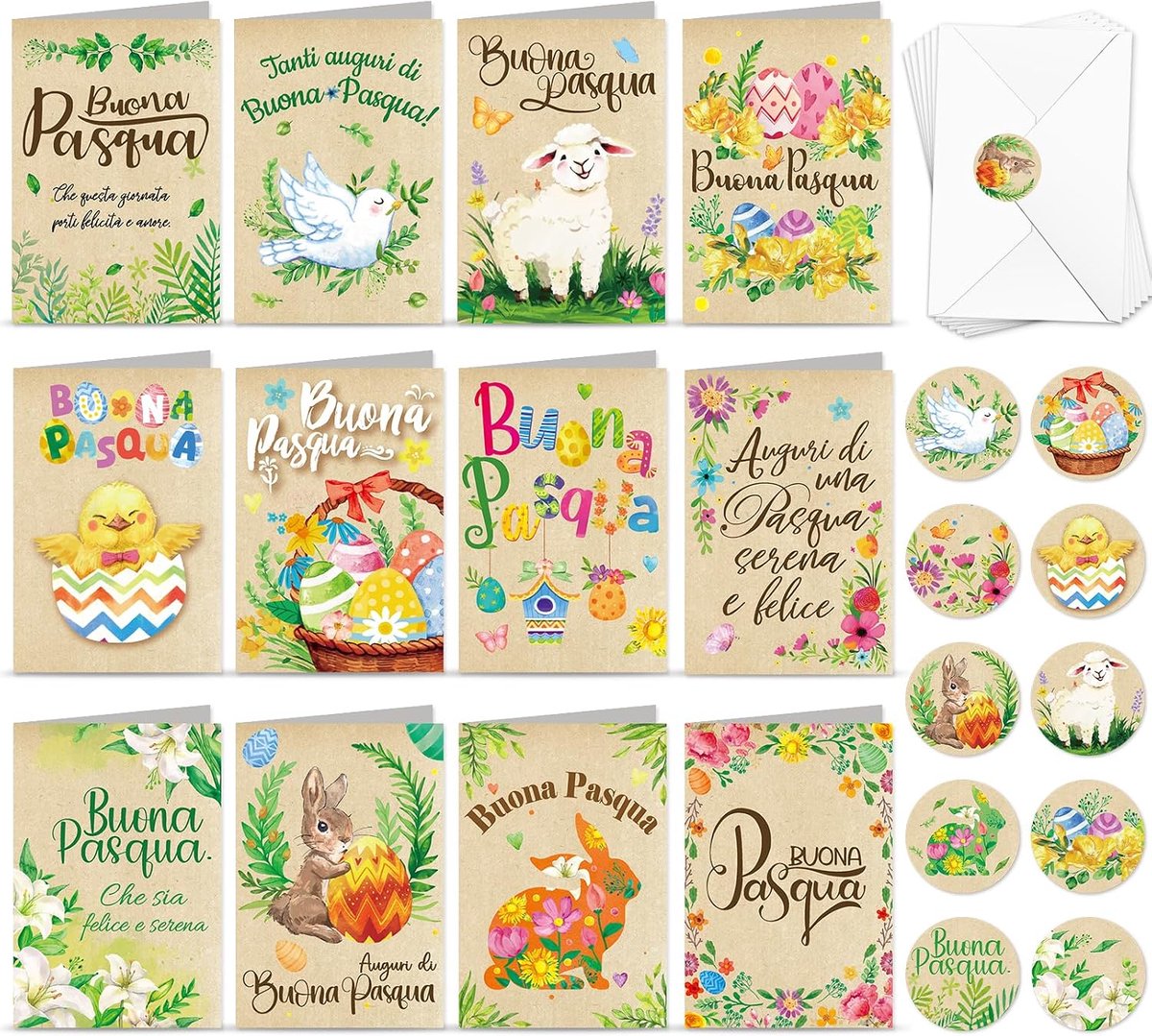 SnelShoppen - 12 Paaskaarten met Enveloppen, Stickers, Kraft Papier, Wenskaarten, Gelukkig Pasen, Postkaarten, Veel Geluk Pasen, Origineel en Grappig