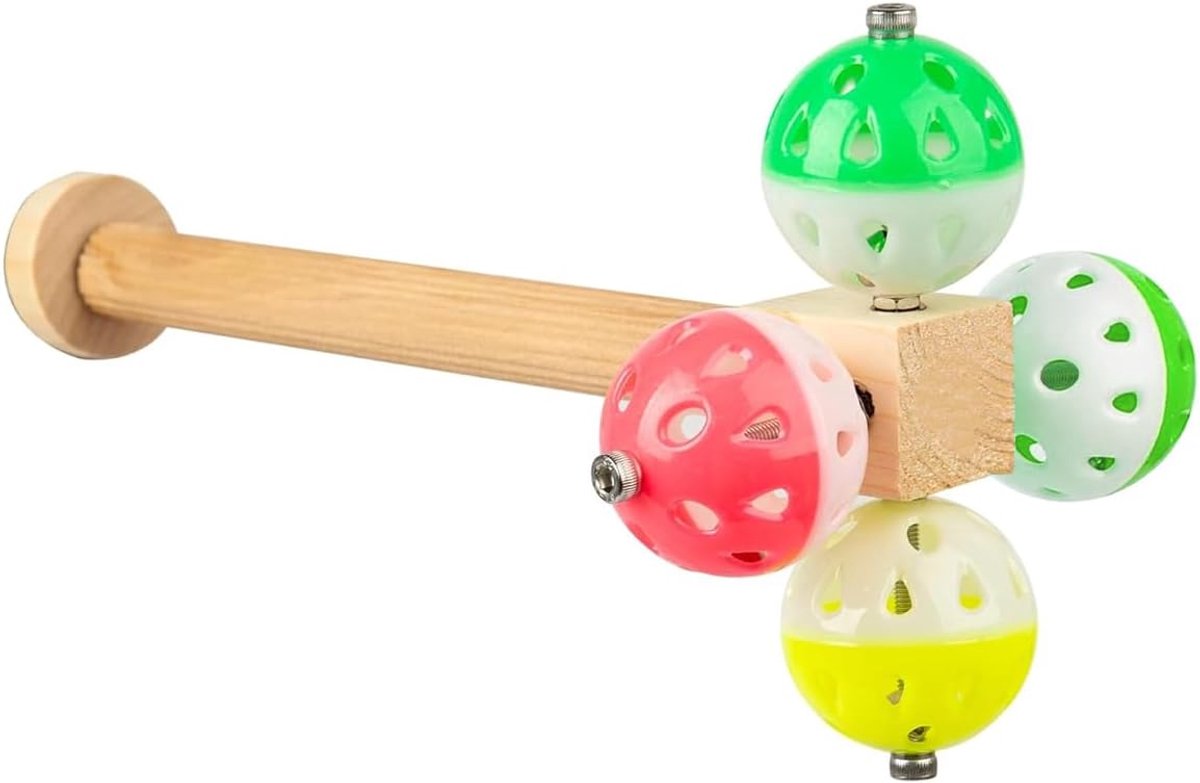 SnelShoppen - Vogelzitstandaard met Draaiende Bal en Bel voor Kleine en Middelgrote Vogels, Parrots en Lovebirds, Houten en Metalen Constructie, Speel