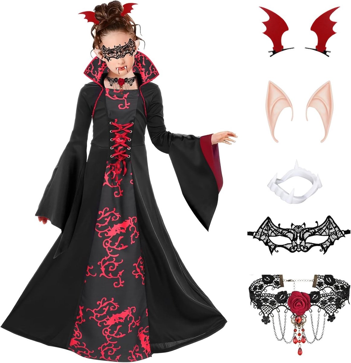 Gothic Vampier Kostuum voor Meisjes met Kunsttanden, Ooraccessoires en Oogmasker voor Halloween, Carnaval en Feestjes