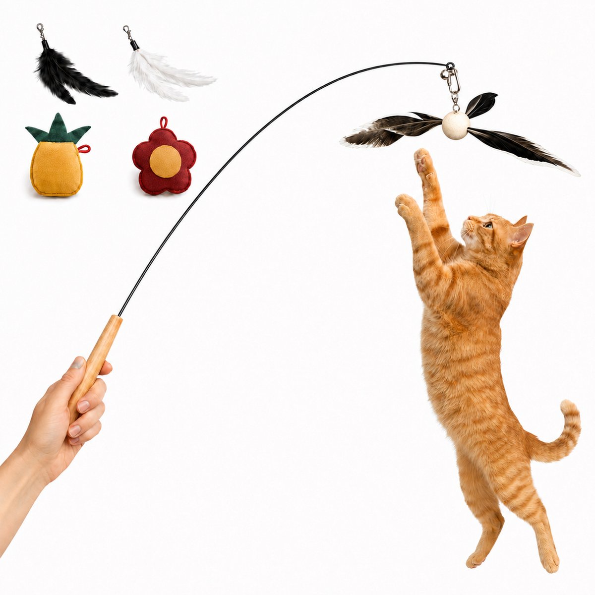DOWO® Kattenhengel met 5 Verwisselbare Speeltjes – 90 cm – Roterende Veerkop – Karabijnhaak voor Eigen Speeltjes – Houten Handgreep
