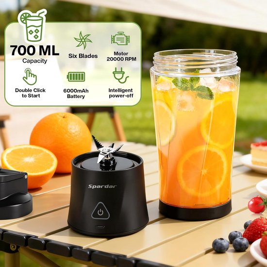Draagbare Mixer - Mini Blender - Onderweg Mixen - Krachtige Zesblads - 700 ml - Zwart — afbeelding 3