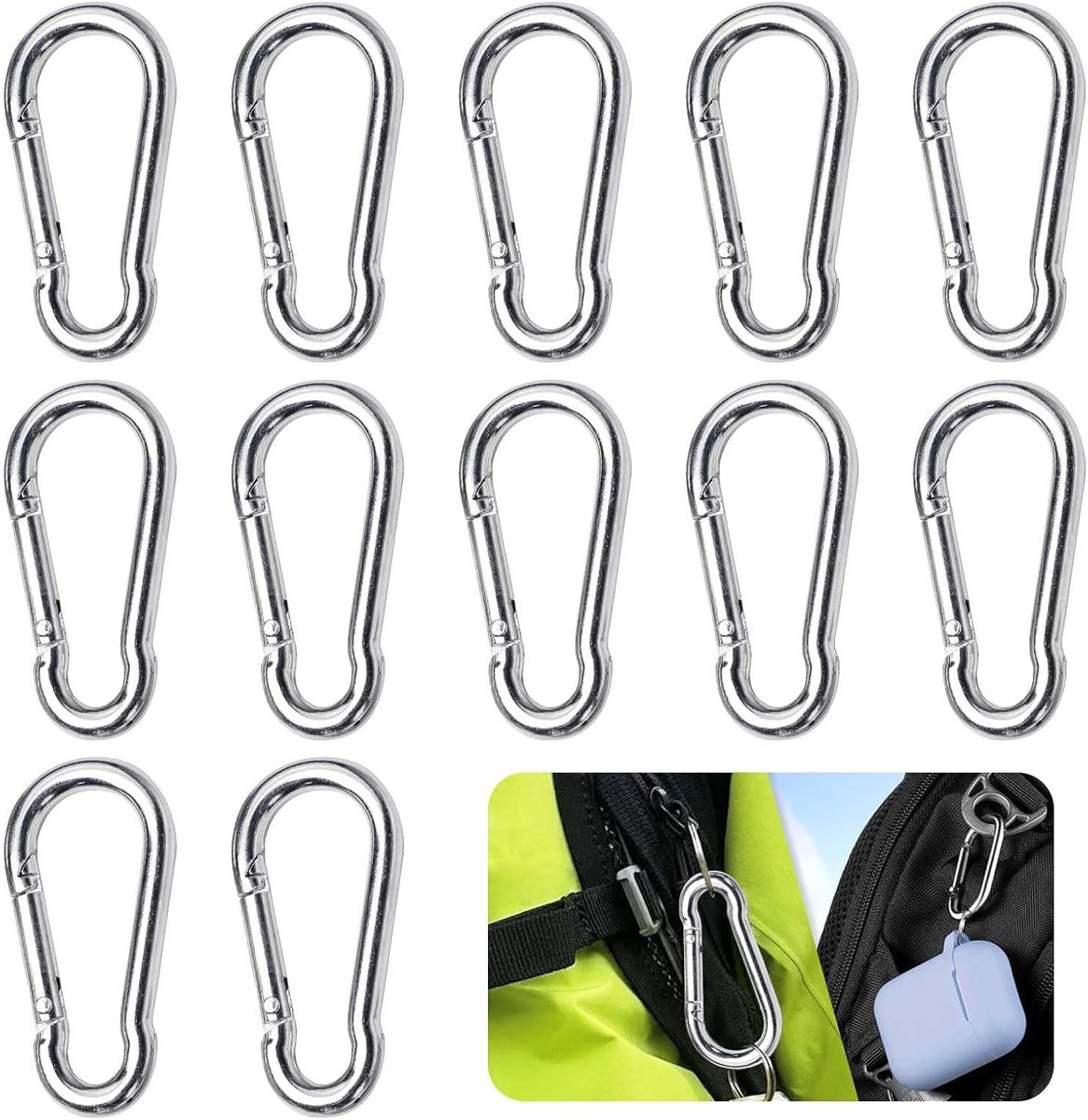 SnelShoppen - Pack van 20 Carabiner Haakjes, Maximaal Belastbaar 36 kg, Kleine Haakjes, RVS, Sleutelhanger voor Reizen, Rugzak, Hondenriem, Kamperen,