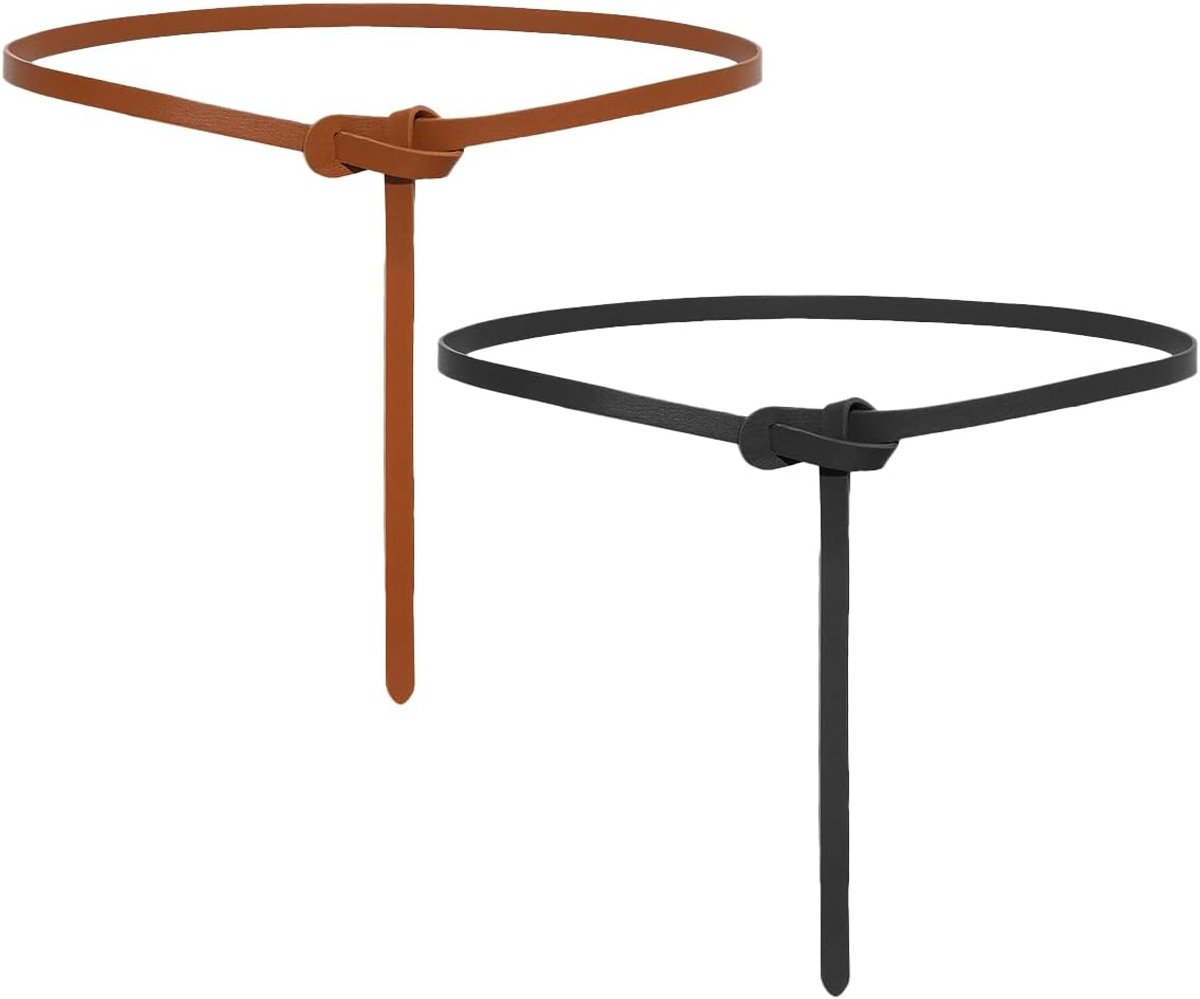 SnelShoppen - Verstelbare Buckleless Dames Kledingriem Set van 2, Slanke PU Leren Dunne Tailleband, Zwart Bruin Knop Ontwerp, Elastische Rekbare Taill