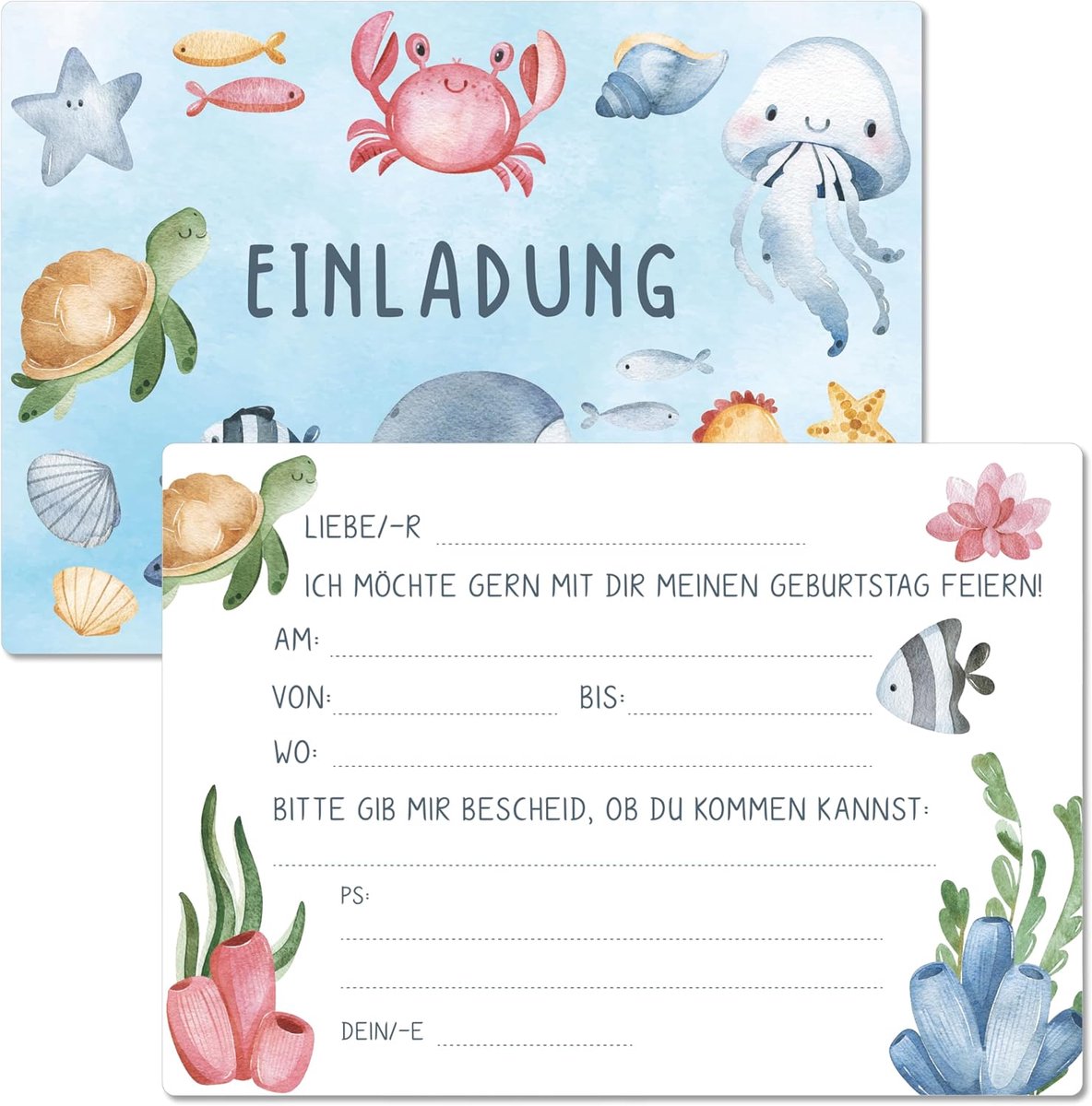 SnelShoppen - 13 Kinderverjaardagsuitnodigingen met Vormgegeven Enveloppen - Oceaan Thema - Kindvriendelijk, Feest, Verjaardag, Kleurig, Eenvoudig in