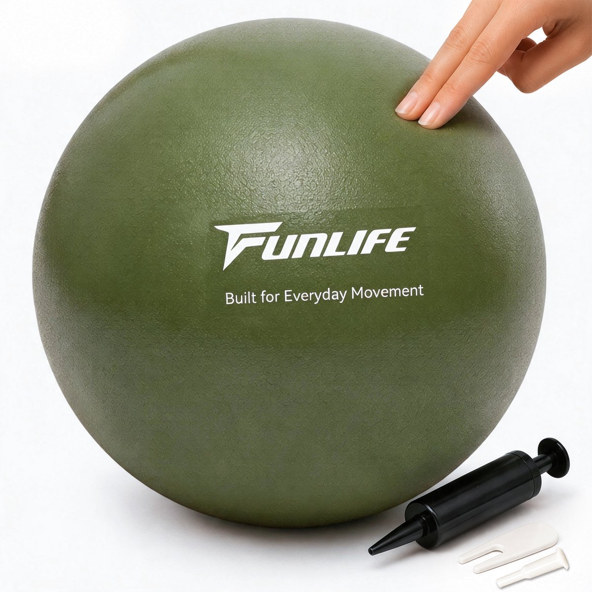 FunLife Pilatesbal 25 cm met Pomp - Kleine Gymbal voor Pilates, Yoga, Core- en Balanstraining - Gripvaste Fitnessbal - Olijfgroen