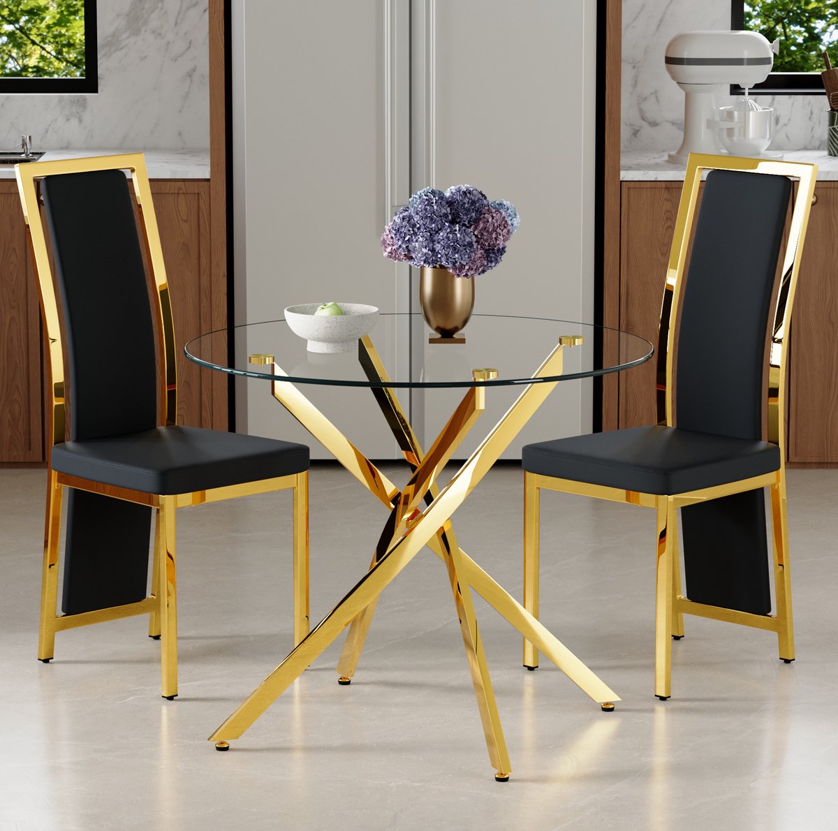 REDOM - Set tafel en stoelen - Ronde eettafel van gehard glas met kruisvormig metalen onderstel - 2 stoelen - Modern - Woonkamer of open keuken - Metaal - Zwart, goud en transparant - 88 cm
