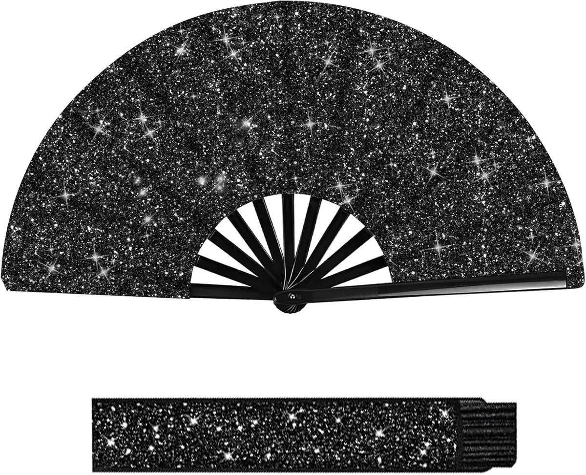 SnelShoppen - Glitterende Zwarte Plastic Fan met Lijn Dansen, Grote Vouwbare Ventilator voor Feesten, Clubs en Muziek Festivals, Geschikt voor Mannen