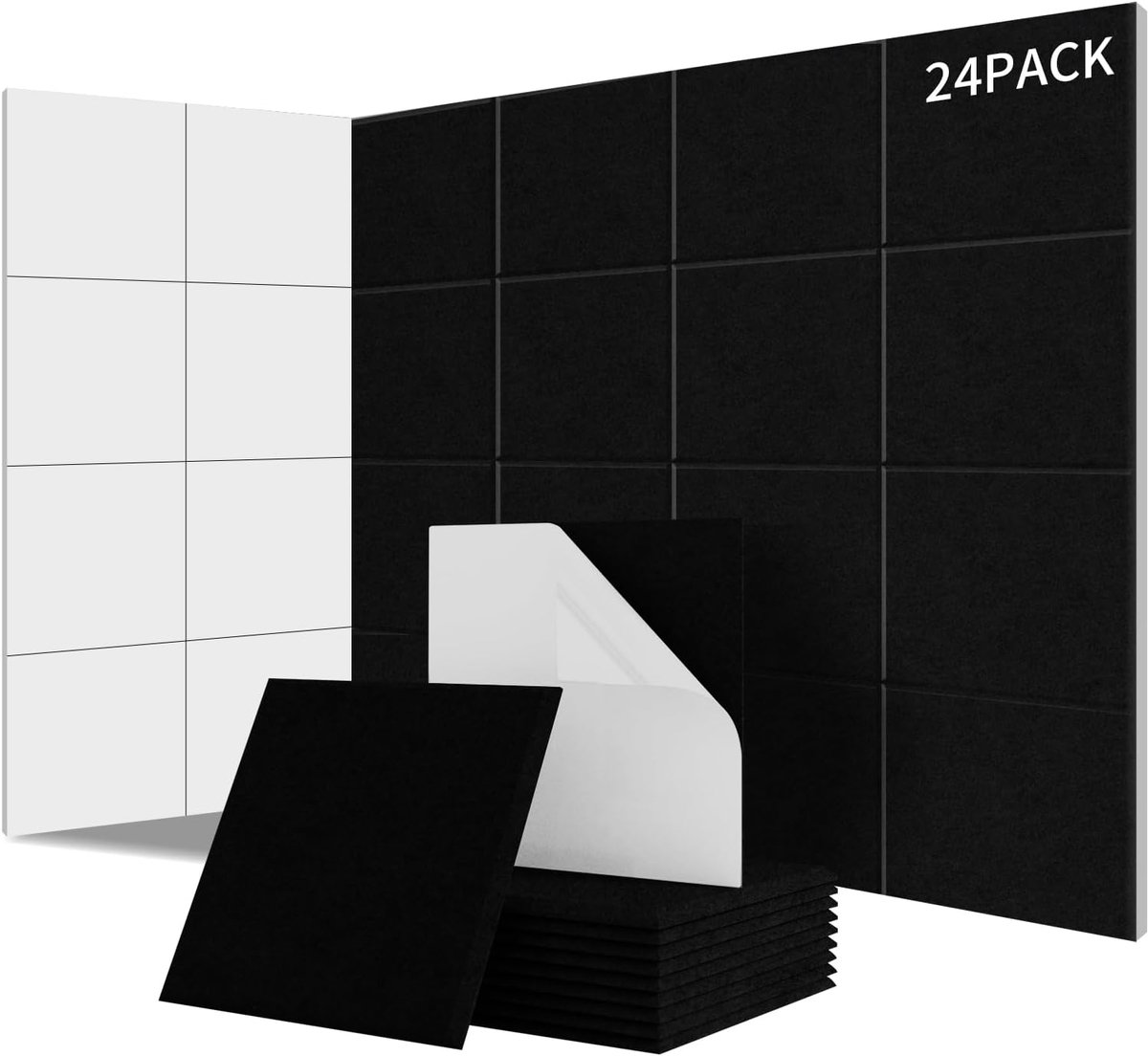 SnelShoppen - Pack van 24 vierkante akoestische panelen, zelfklevend, geluidsisolatie voor muren en deuren, 2.15 m², 230 kg/m³, NRC 0.95, 100% polyest