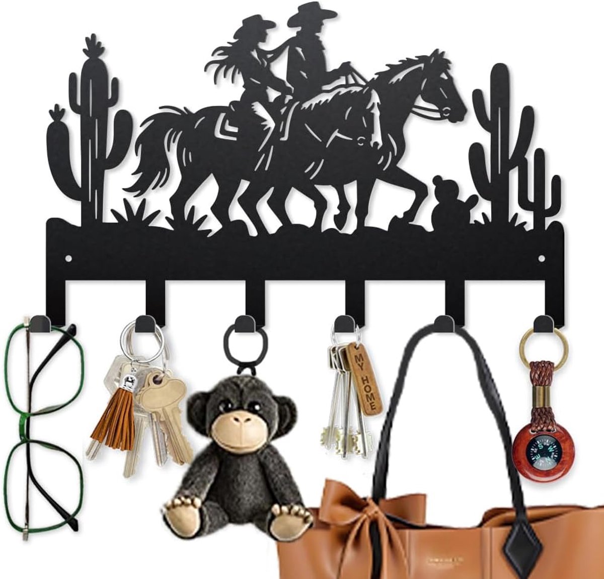 SnelShoppen - Cowboy Cowgirl Rijdende Sleutelhanger Metalen Haak 25x40cm Cactus Liefde Wandbeugel Hoeden Sleutelhouder met 6 Haken voor Keuken Entree