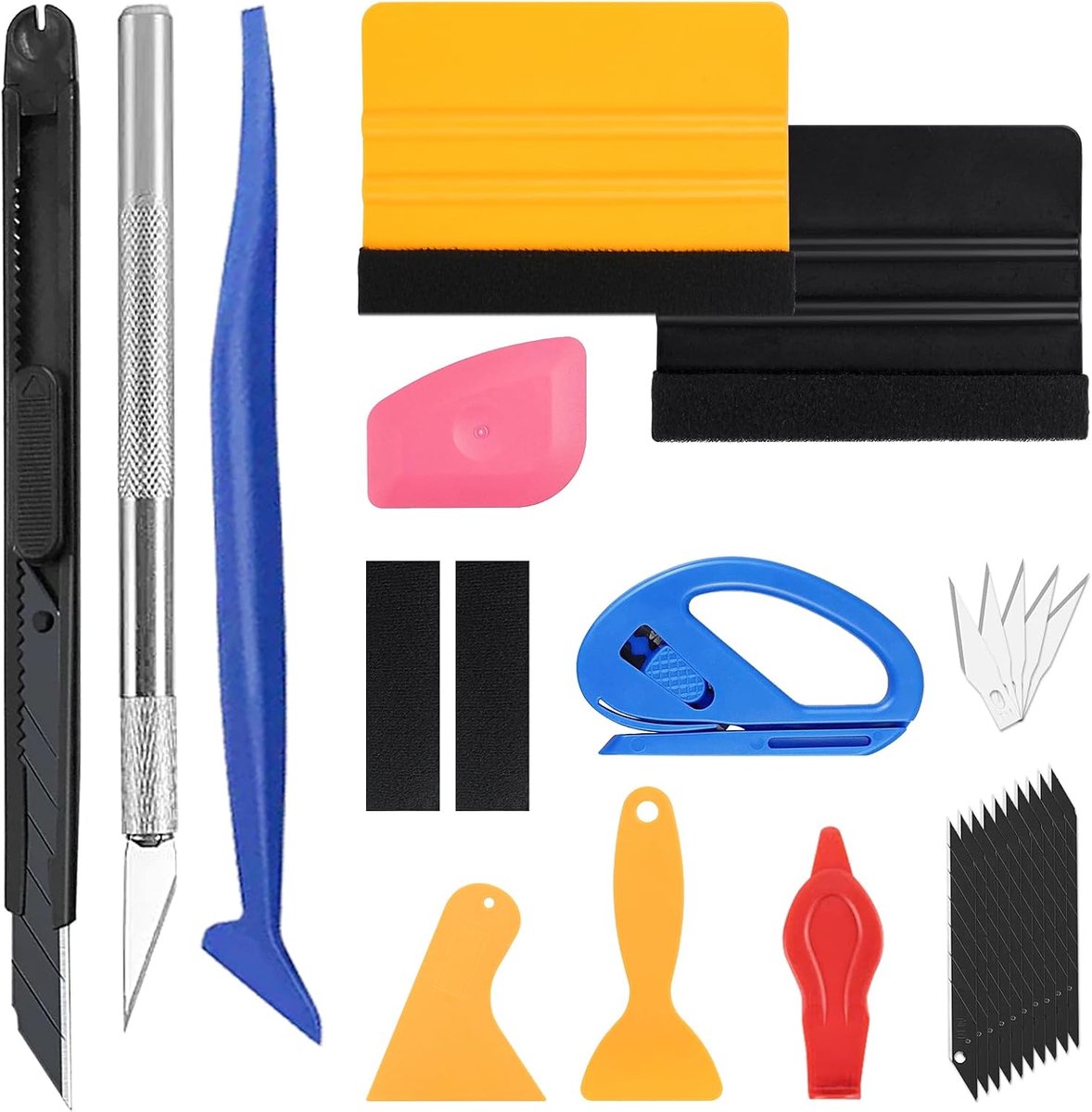 SnelShoppen - 27-delige Squeegee Set voor Folie, Gereedschapset voor Auto Tinten, Inclusief Vilt Schrapers, Precisie Snijmes met 15 Vervangbladen, Alu
