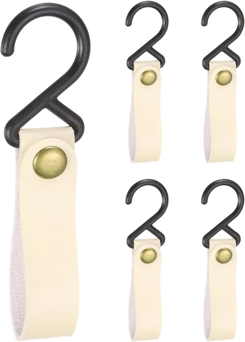 SnelShoppen - Set van 5 PU Leren Haken, S-vormige Haken voor het Ophangen van Potten, Pannen en Accessoires, Beige, Lichtgewicht en Waterdicht