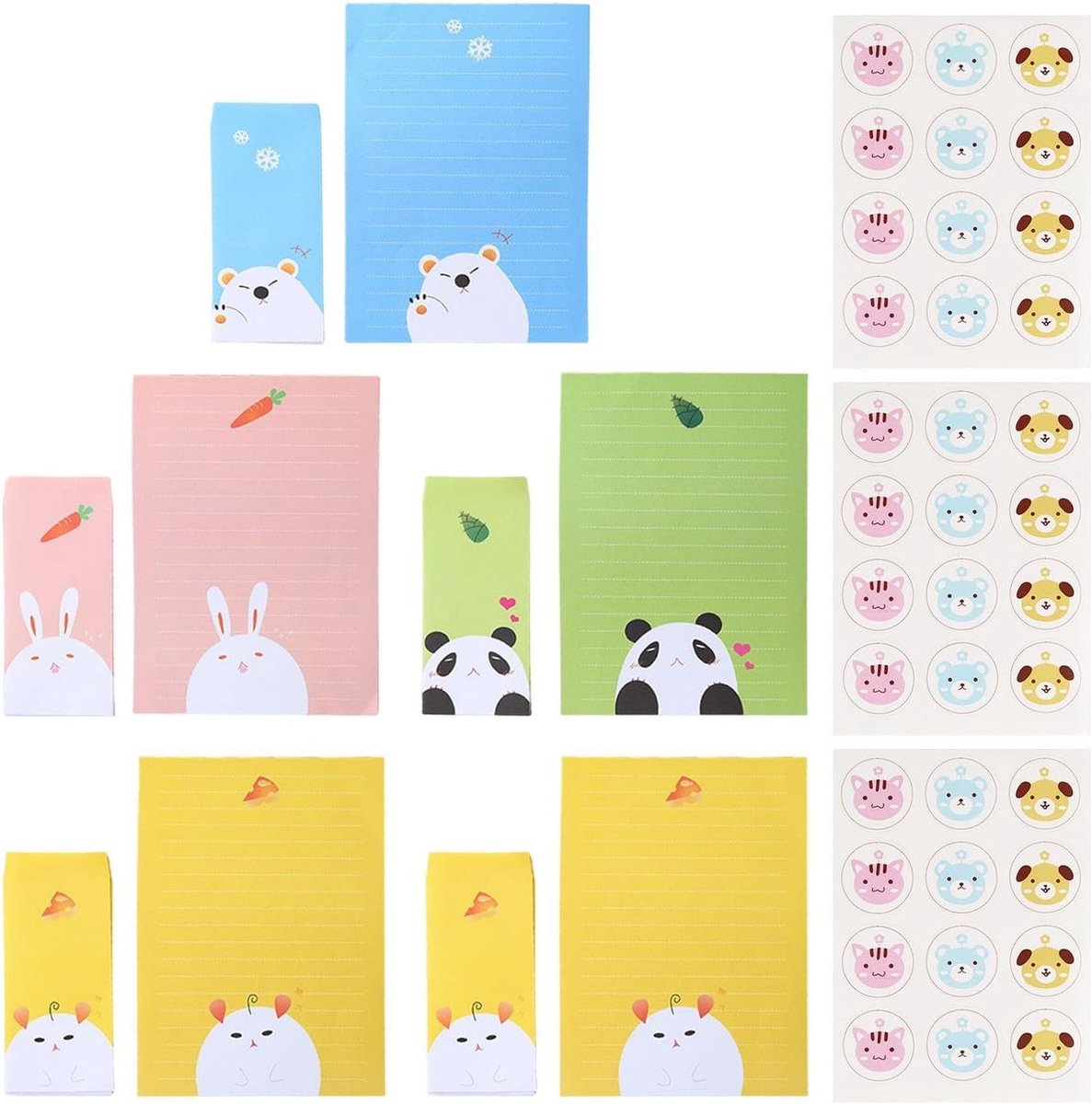 SnelShoppen - 5 Sets Dier Hoofd Briefpapier en 3 Dier Stickers, Schattige Stationery voor Uitnodigingen, Bedankbriefjes en Decoratie voor Feestjes, Ki