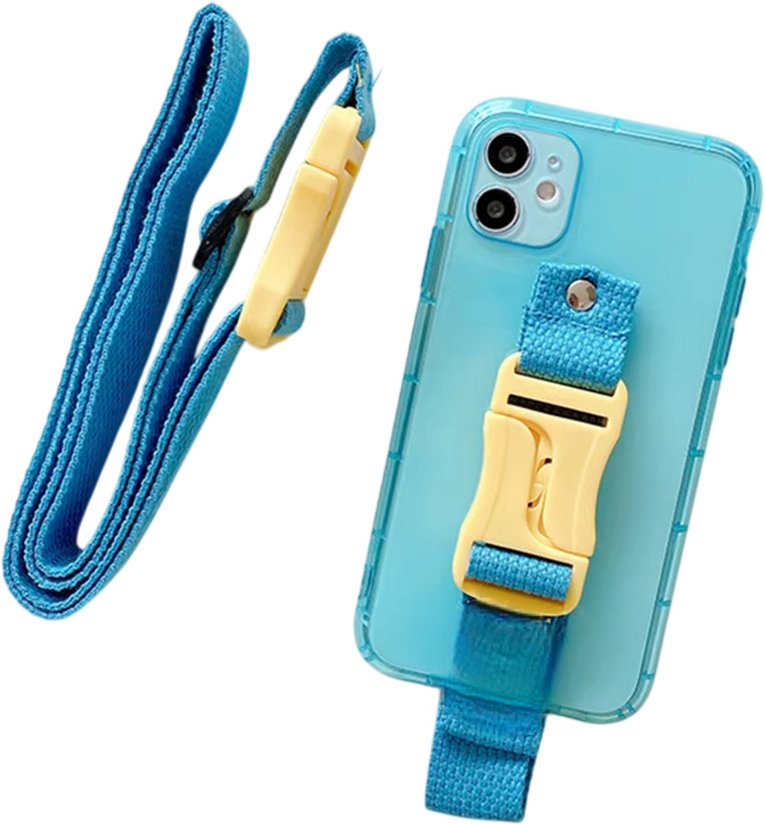 Telefoonhoesje Transparant Siliconen Back Cover met Fluorescerende Lanyard, Nekkoord & Polsband – Schokbestendig – Geschikt voor iPhone 17 pro max - Blauw