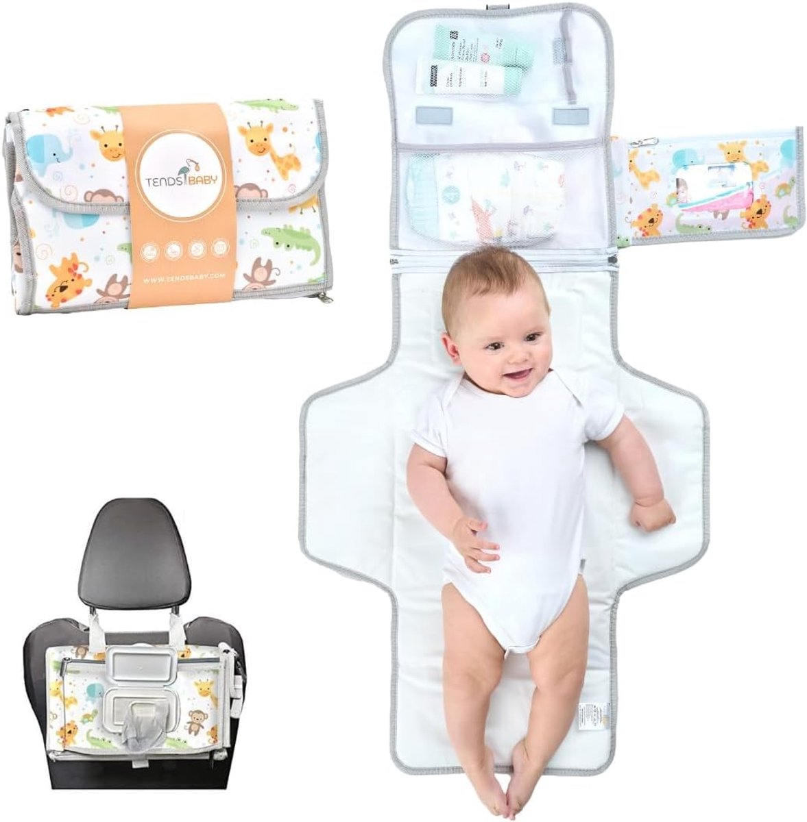SnelShoppen - Aankleedkussen voor Onderweg Compact XL - Afneembare Luiertas met 6 Vakken, Doekdispenser en Comfortabel Hoofdkussen voor Baby
