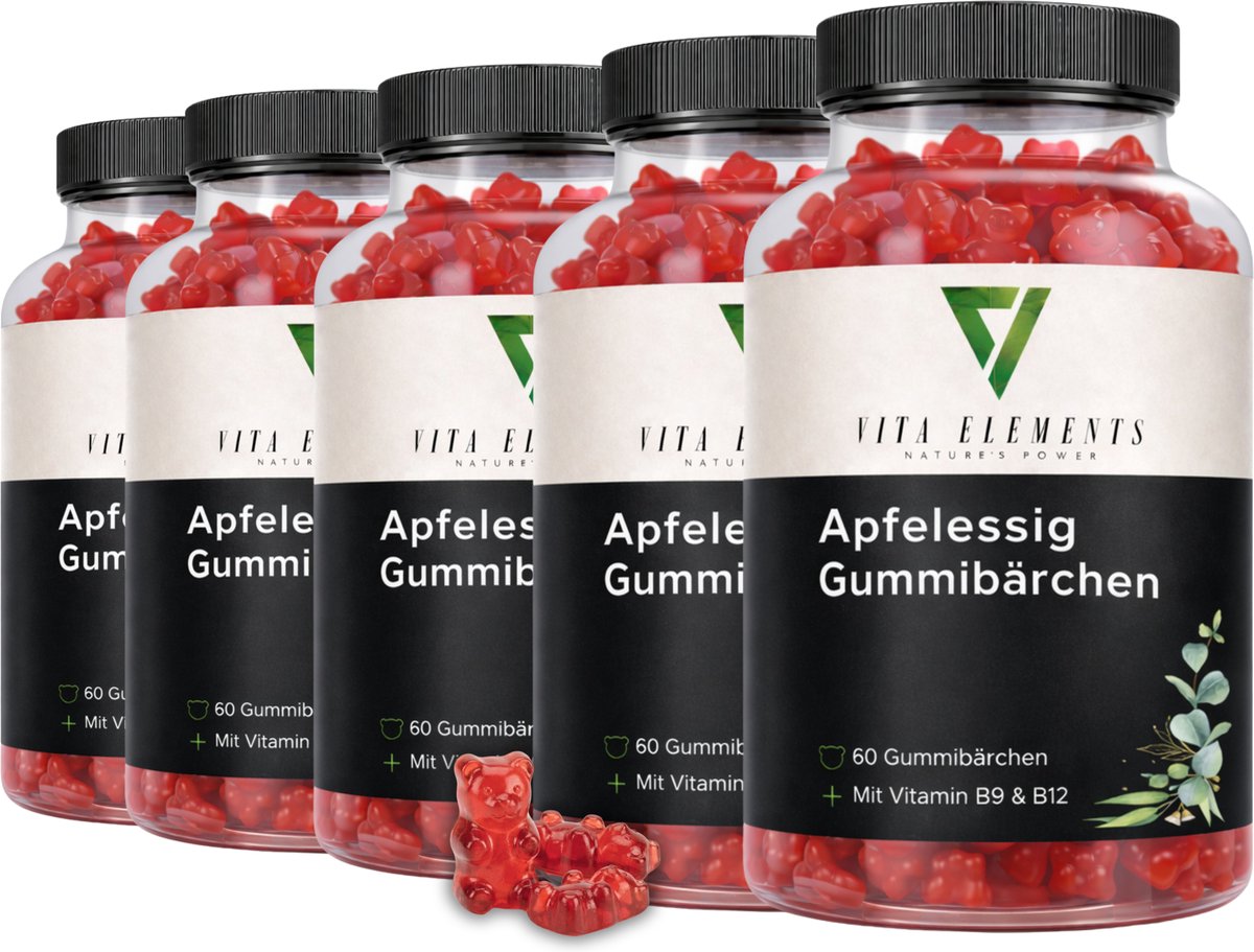 Vita Elements Appelazijn Gummies met Vitamine B12 en Foliumzuur - Biologische Rode Biet en Granaatappel - 60 Stuks - Veganistisch Voedingssupplement - Set van 5